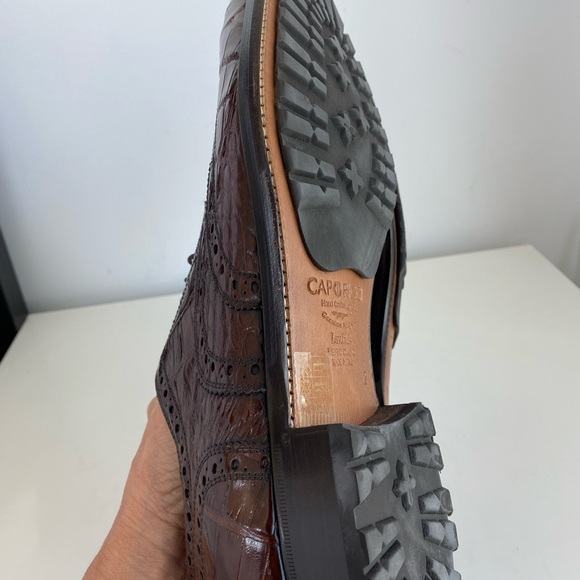CAPORICCI 3318 genuine alligator shoes.
Dark Brown (Castagno)
Wing tip - Picture 10 of 11
